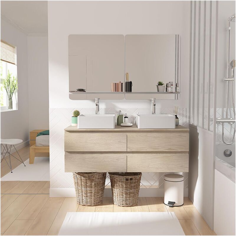 Mob-in - Meuble double vasque 120cm avec plan bois sorrento chêne+vasque+robinet+miroir