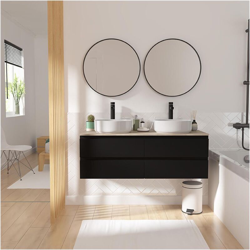 Mob-in - Meuble double vasque 120cm avec plan bois sorrento Noir +vasque+robinet+miroir