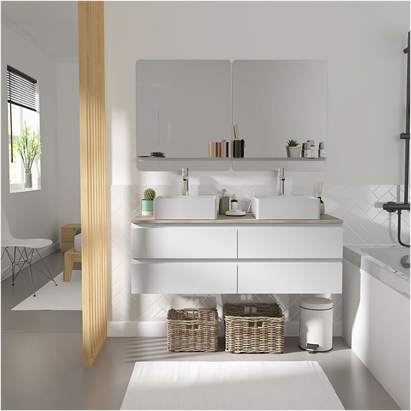 Mob-in - Meuble double vasque 120cm avec plan bois sorrento Blanc+vasque+robinet+miroir