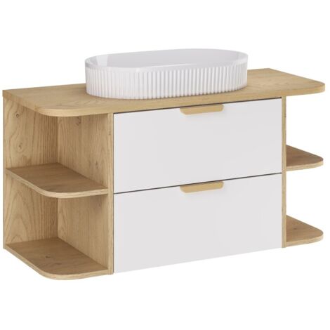Ensemble meuble et vasque Beyond 100 cm ASTER blanc avec deux extensions d’angle ouvertes et plan en chêne