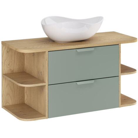 Ensemble meuble et vasque Cloud 100 cm ASTER vert avec deux extensions d’angle ouvertes et plan en chêne