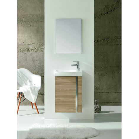 Ensemble meuble lave-mains 45cm – Noyer – Dimensions 44.5 x 60 x 25 cm – Plan vasque céramique – Miroir assorti 45 x 60 cm – Anconetti