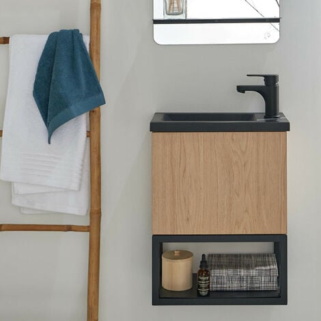 MOB-IN Meuble lave-mains NOVA décor chêne suspendu avec robinet noir