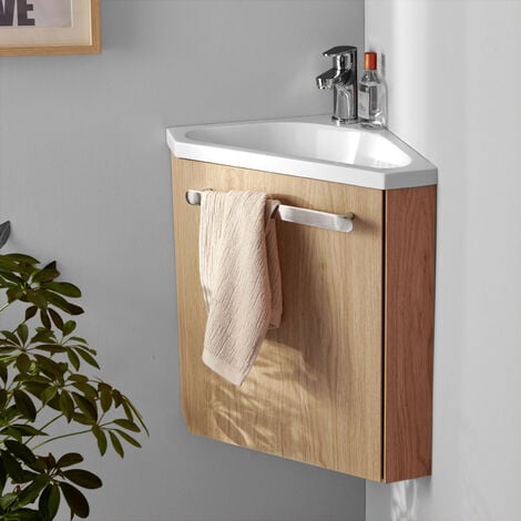 Ensemble meuble lave-mains d'angle décor chêne SKINO avec robinet chromé