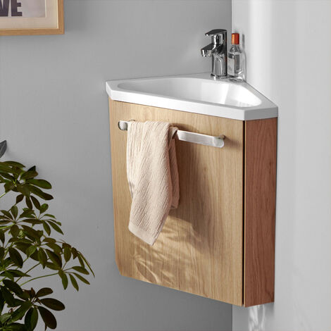 Ensemble meuble lave-mains d'angle décor chêne vasque noire SKINO avec robinet chromé - Décor chêne