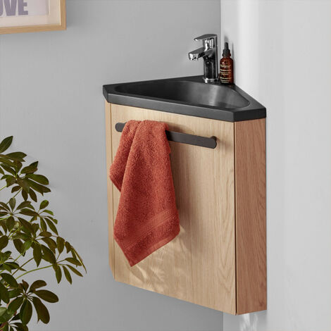 Ensemble meuble lave-mains d'angle décor chêne vasque noire SKINO avec robinet chromé - Décor chêne