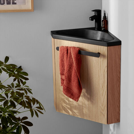 Ensemble meuble lave-mains d'angle décor chêne vasque noire SKINO avec robinet noir - Bois clair
