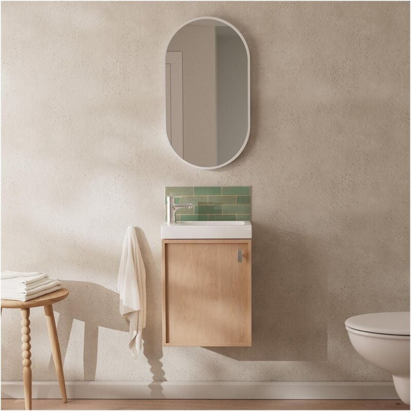 Mob-in - Ensemble meuble lave-mains décor chêne frame + robinet + miroir