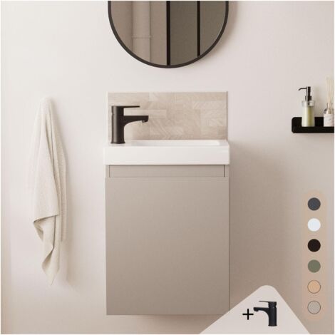 Ensemble meuble lave-mains gris sable LISA avec robinet noir - Blanc
