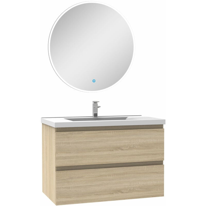 Ensemble Acezanble meuble Salle de Bain Chêne Wotan 80cm simple vasque + miroir lumineux rond
