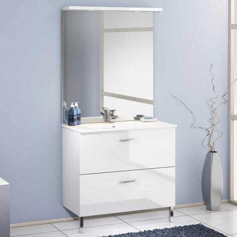 Ensemble meuble salle de bain 90 cm Blanc laqué brillant + Vasque - NOLET - Meuble sous vasque : L 90 x l 46 x H 70 cm - Vasque : L 90 x l 46 x H 1,8 cm