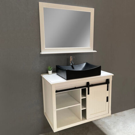 Ensemble meuble salle de bain 93 cm blanc en bois et son miroir tablette - Authentica