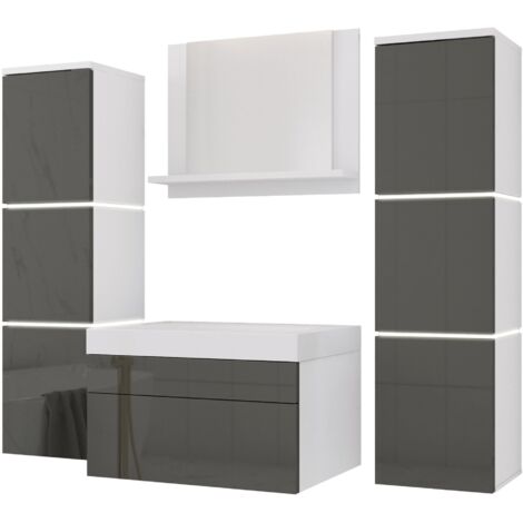 Ensemble meuble salle de bain, Blanc Mat, Gris Brillant, 120 × 110 cm
