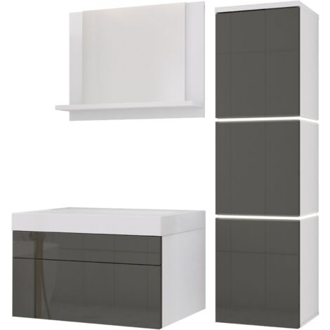 Ensemble meuble salle de bain, Blanc Mat, Gris Brillant, 90 × 110 cm