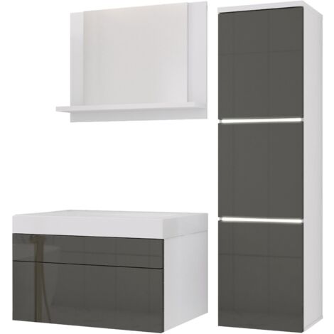 Ensemble meuble salle de bain, Blanc Mat, Gris Brillant, 90 × 110 cm
