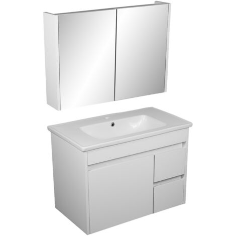 Ensemble meuble salle de bain complet avec miroir 80 cm – Meuble à suspendre en MDF blanc – Lavabo céramique inclus – 2 portes battantes