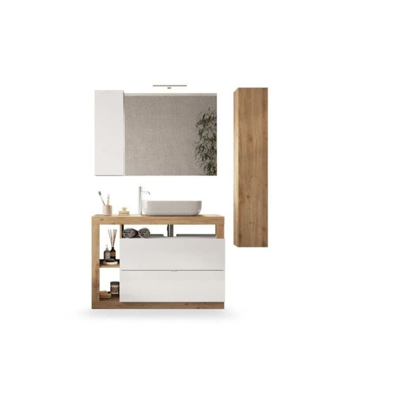 Ensemble Meuble salle de bain HAMBOURG L110 - Vasque + 2 Tiroirs + 3 niches + Colonne - Coloris chene clair et laqué blanc