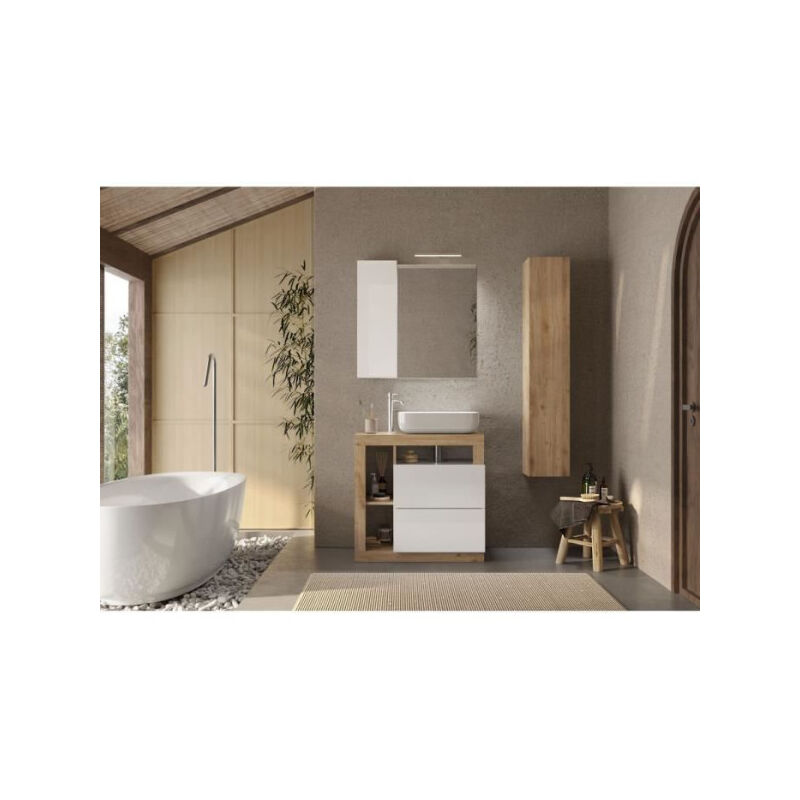 Ensemble Meuble salle de bain HAMBOURG L78 - Vasque + 2 Tiroirs + 3 niches + Colonne - Coloris chene clair et laqué blanc