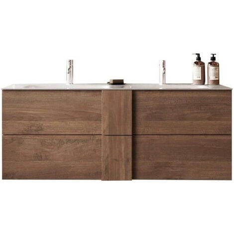 Ensemble Meuble salle de bain suspendu JUNE L120 - Double vasque + 2 Tiroirs - Coloris chene mercure - Style scandinave