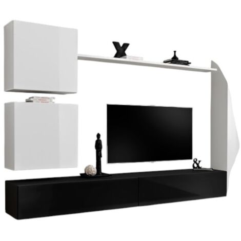 Ensemble meuble salon mural SWITCH VIII. Meuble TV mural design, coloris noir et blanc brillant.