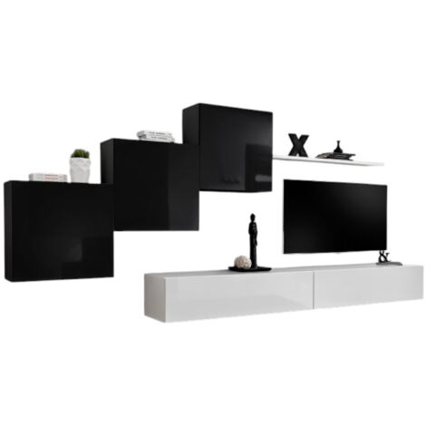 Ensemble meuble salon mural SWITCH X design, coloris blanc et noir brillant.