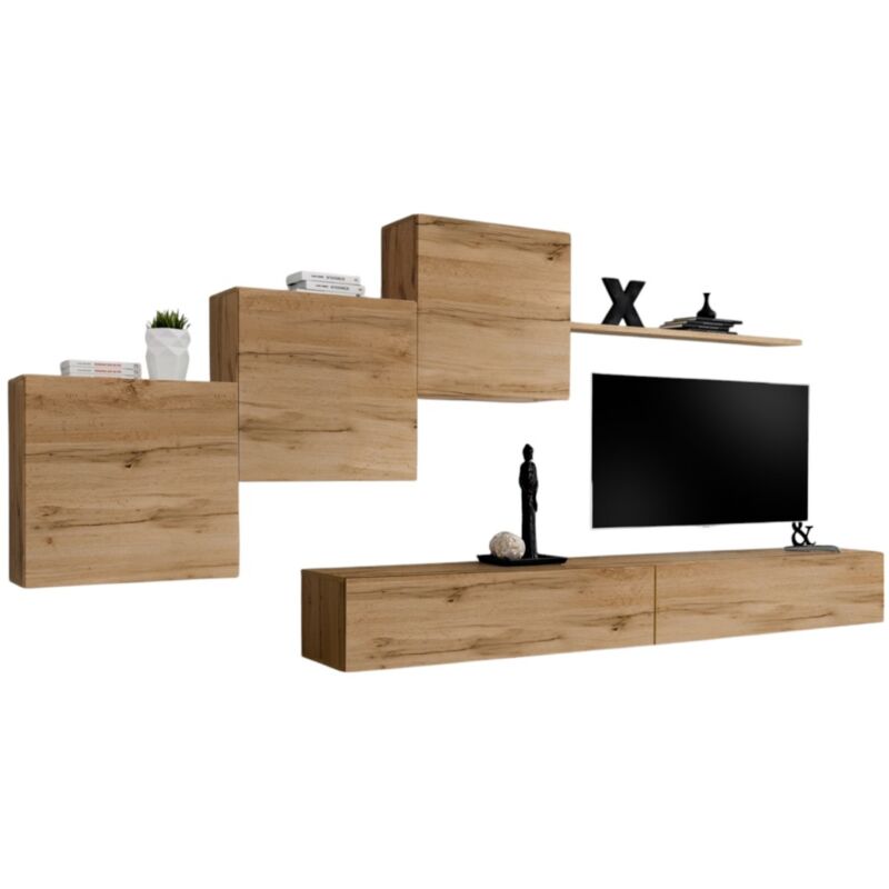 Meublorama - Ensemble meuble salon mural switch x design, coloris chêne Wotan.