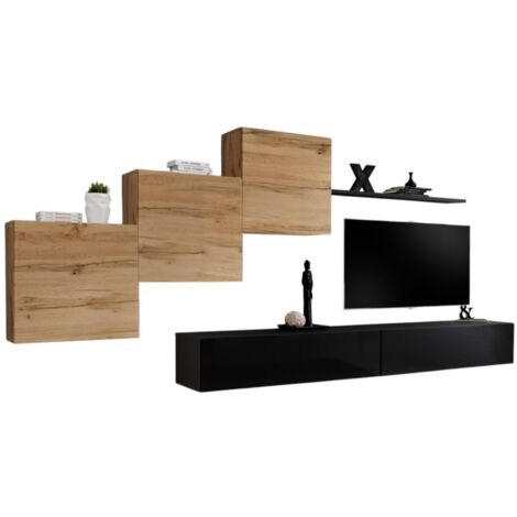 Ensemble meuble salon mural SWITCH X design, coloris noir brillant et chêne Wotan.