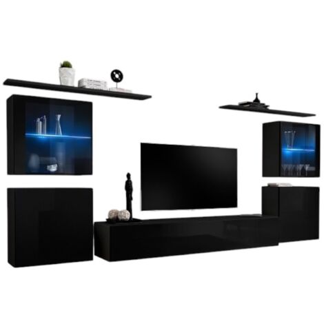 Ensemble meuble salon mural SWITCH XIV design, coloris noir brillant.