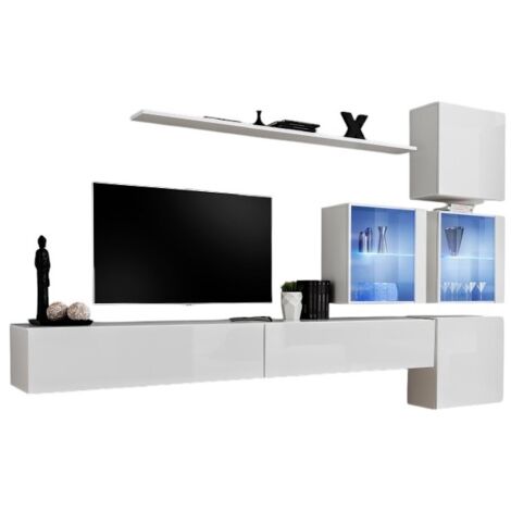 Ensemble meuble salon mural SWITCH XIX design, coloris blanc brillant.