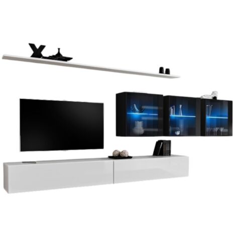 Ensemble meuble salon mural SWITCH XVII design, coloris blanc et noir brillant.