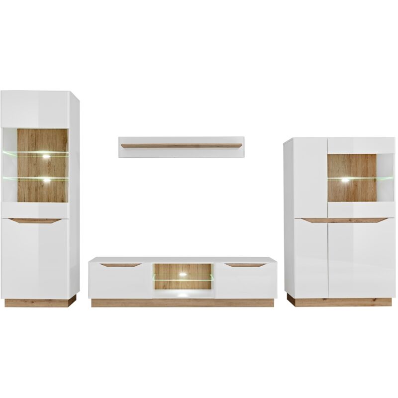 Dusine – Ensemble de meubles de salon TV blanc mat et bois foncé – Finitions blanc laqué et LED – 4 éléments avec rangements pratiques Dusine – Ensemble de meubles de salon TV blanc mat et bois foncé – Finitions blanc laqué et LED – 4 éléments avec rangements pratiques