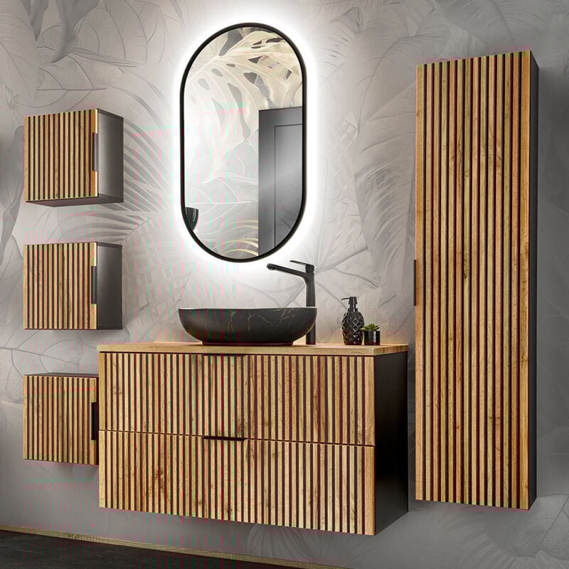 Petits-meubles - Ensemble meuble simple vasque 100cm colonne et 3 armoires murales Gaia Bois et Noir - Vasque Noir