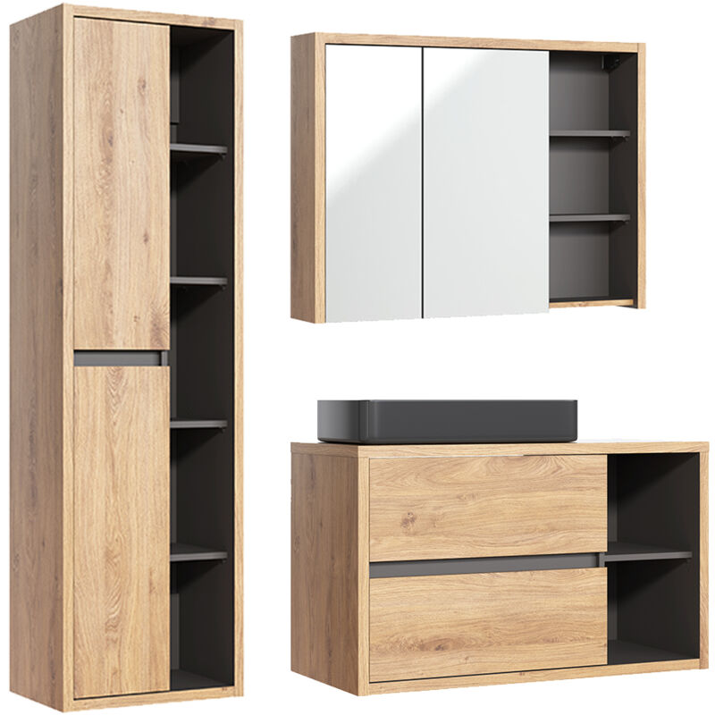 Petits-meubles - Ensemble meuble simple vasque 100cm, colonne et armoire murale Rigel Bois et Anthracite