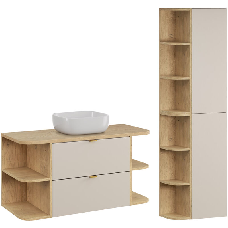 Ensemble meuble simple vasque 100cm niches arrondies et colonne Azel Cachemire et Bois