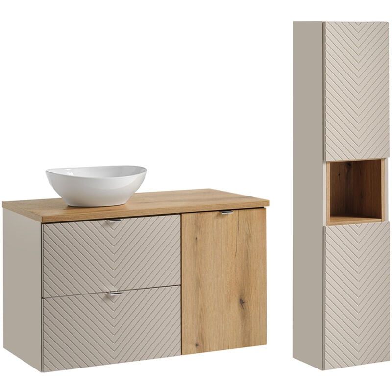 Petits-meubles - Ensemble meuble simple vasque 100cm panier à linge et colonne Manoa Cachemire et bois