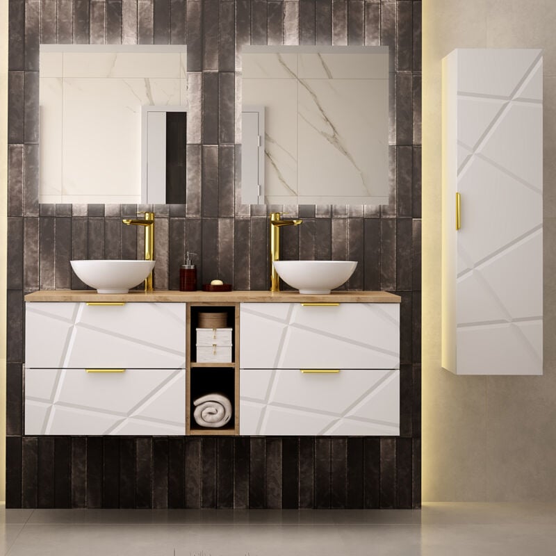 Ensemble meuble simple vasque 140cm 2 niches et colonne Aurora Blanc et Bois