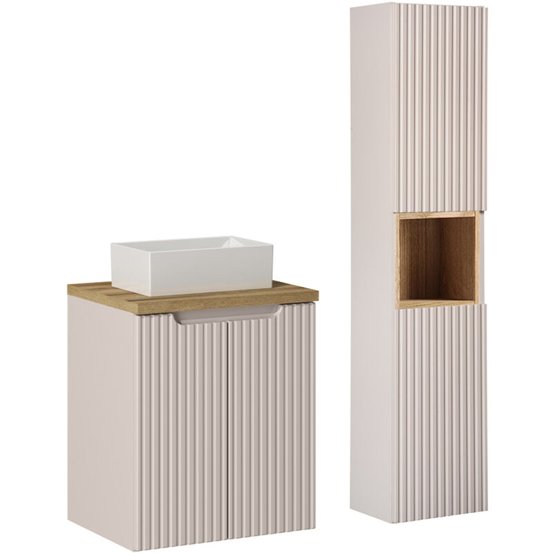 Ensemble meuble simple vasque 50cm 2 portes et colonne Riva Cachemire et Bois