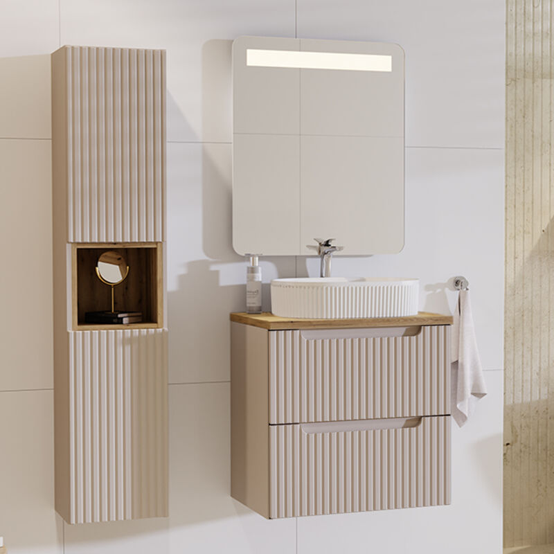 Petits-meubles - Ensemble meuble simple vasque 60cm 2 tiroirs et colonne Riva Cachemire et Bois