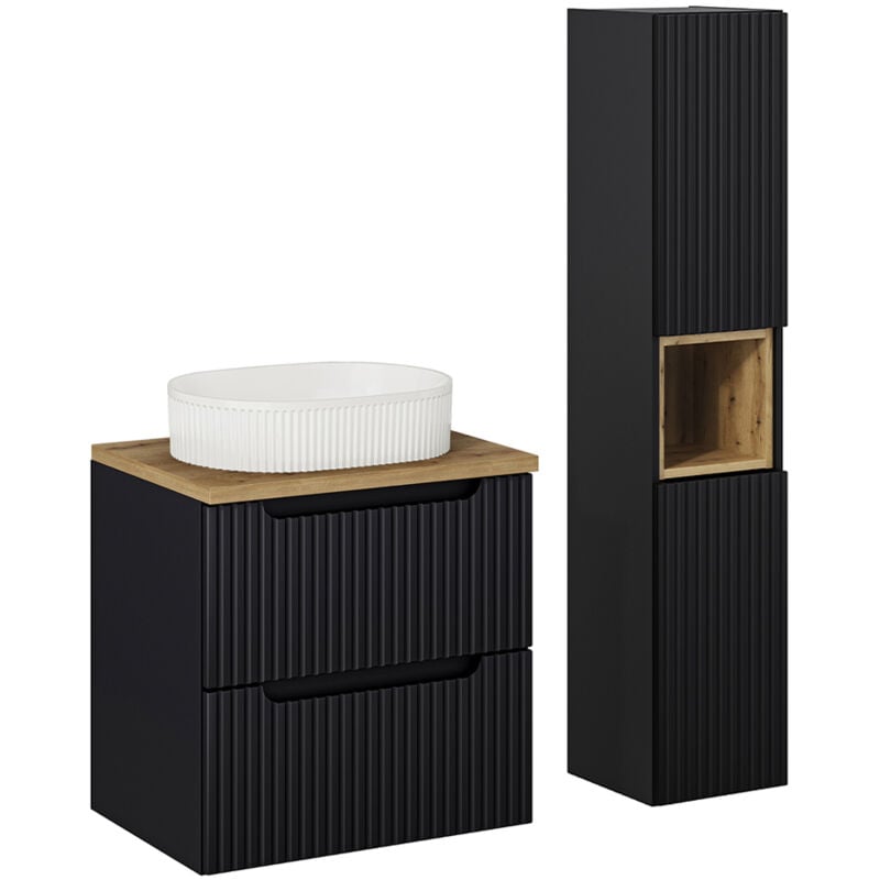 Ensemble meuble simple vasque 60cm 2 tiroirs et colonne Riva Noir et Bois