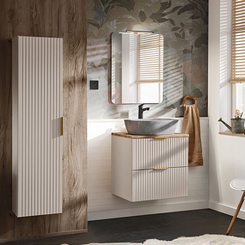 Petits-meubles - Ensemble meuble simple vasque 60cm et colonne Adriel Cachemire Bois et effet Pierre