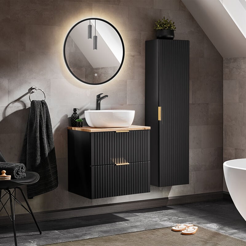Petits-meubles - Ensemble meuble simple vasque 60cm et colonne Adriel Noir et Bois
