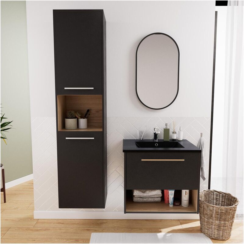 Mob-in - Ensemble meuble simple vasque 60cm noir + robinet + miroir + colonne nika