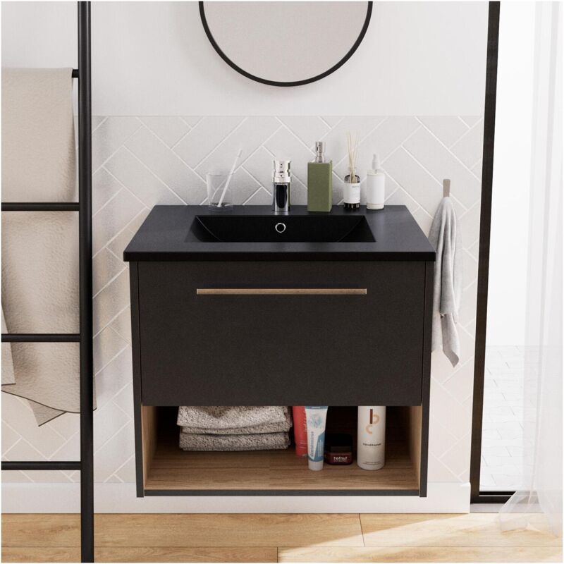 Mob-in - Ensemble meuble simple vasque 60cm noir + robinet nika