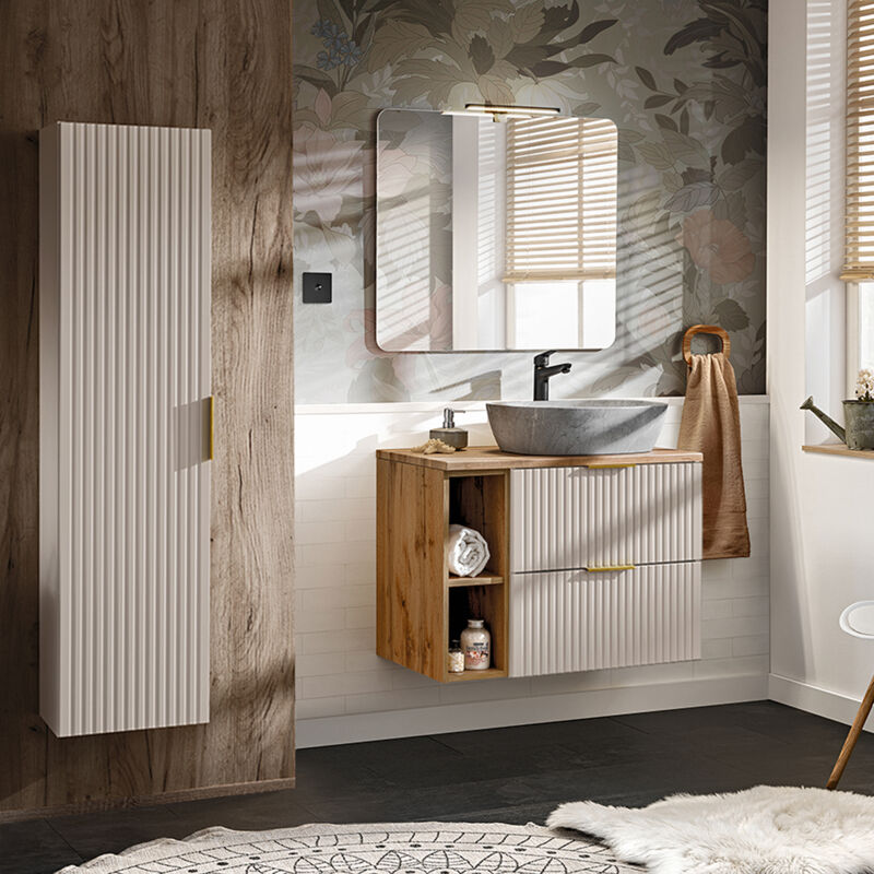 Petits-meubles - Ensemble meuble simple vasque 80cm 2 niches et colonne Adriel Cachemire Bois et effet Pierre