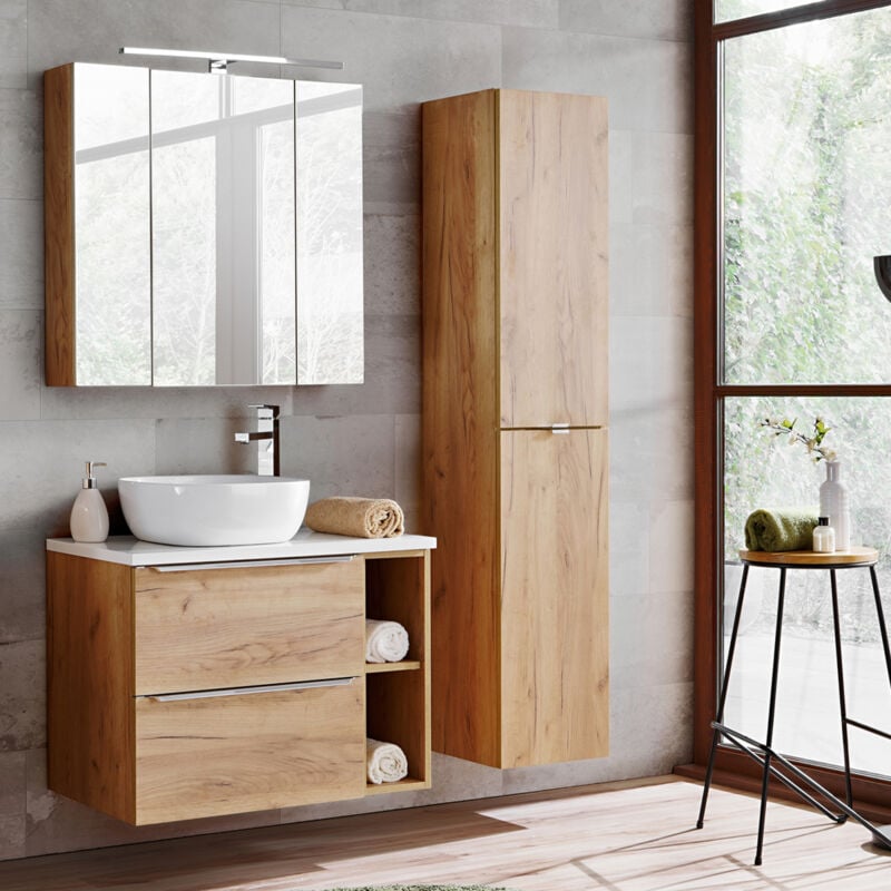 Petits-meubles - Ensemble meuble simple vasque 80cm 2 niches et colonne April Bois et Blanc