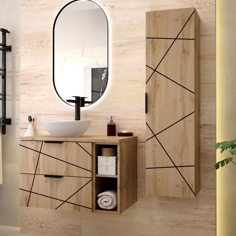 Petits-meubles - Ensemble meuble simple vasque 80cm 2 niches et colonne Teren Bois