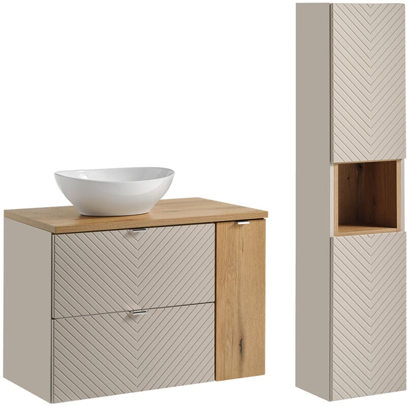 Petits-meubles - Ensemble meuble simple vasque 80cm 2 tiroirs 1 porte et colonne Manoa Cachemire et bois
