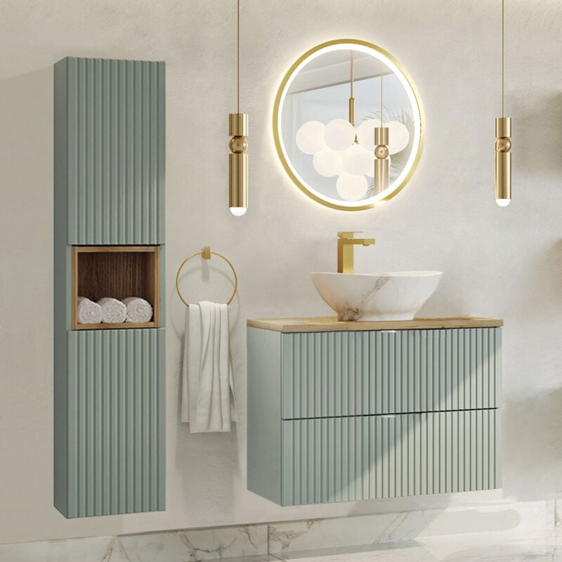 Petits-meubles - Ensemble meuble simple vasque 80cm 2 tiroirs et colonne Jade Vert et Bois