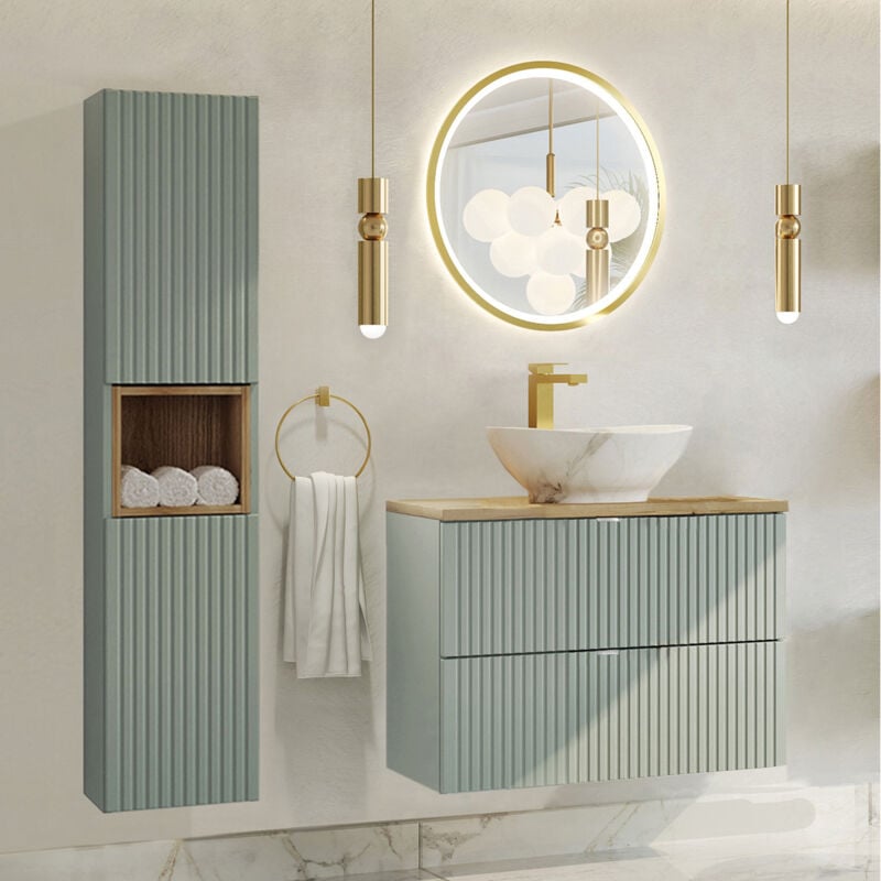 Petits-meubles - Ensemble meuble simple vasque 80cm 2 tiroirs miroir led et colonne Jade Vert et Bois