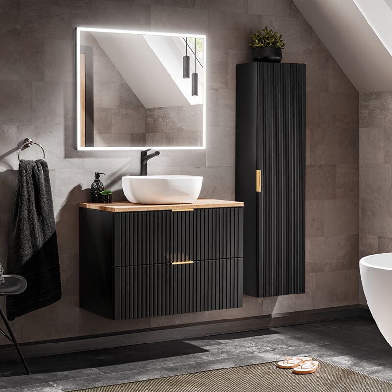 Petits-meubles - Ensemble meuble simple vasque 80cm et colonne Adriel Noir et Bois